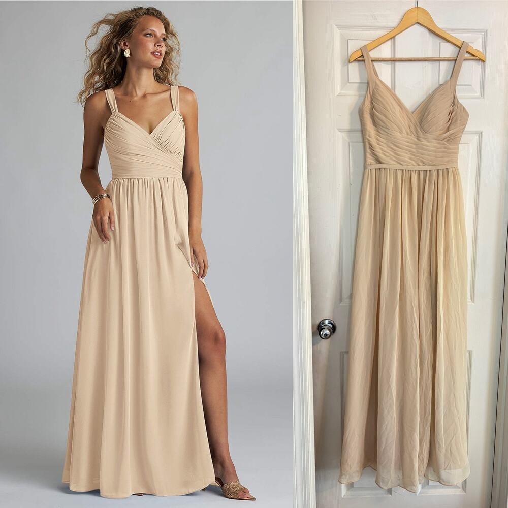 Azazie Aziza Champagne A-Line V-Neck Pleated Chiffon Dress Womens Size 6 Prom